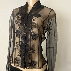 Embroidered Tulle Black Blouse By Cami Long Sleeve Buttons Front Fitted See thru
